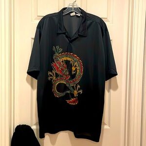 Utility Men Black button down short sleeve tan shirt with dragon print XLarge